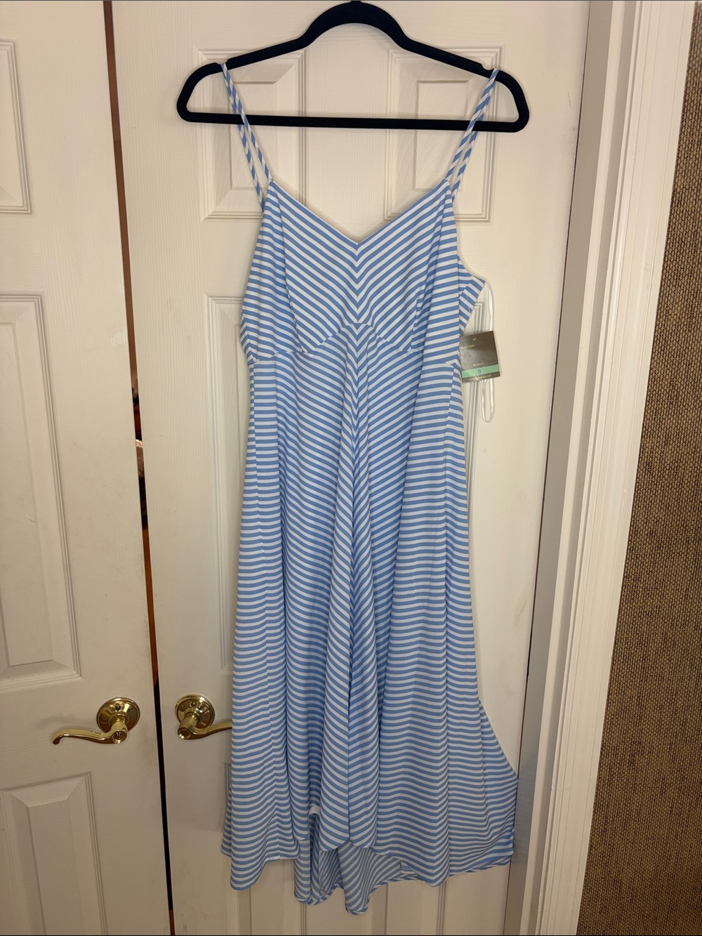 Taylor Dresses Light Blue and White Striped Spaghetti Strap Maxi Dress